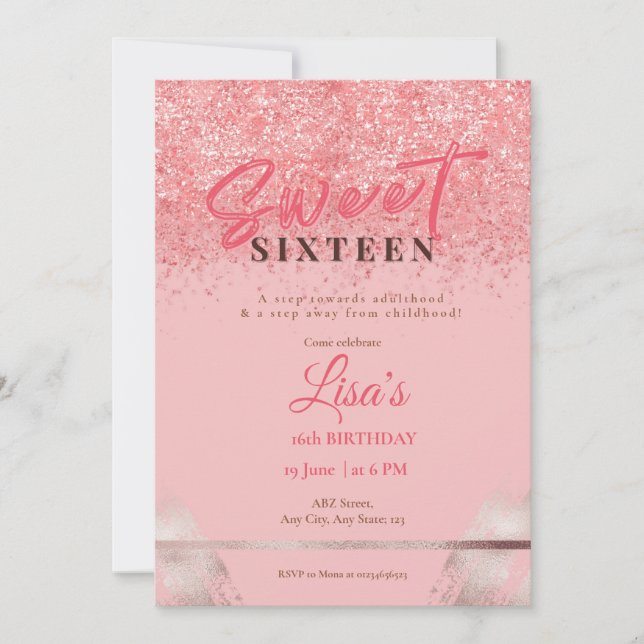 Convites Rosa cor-de-rosa doce dezesseis anos (Frente)
