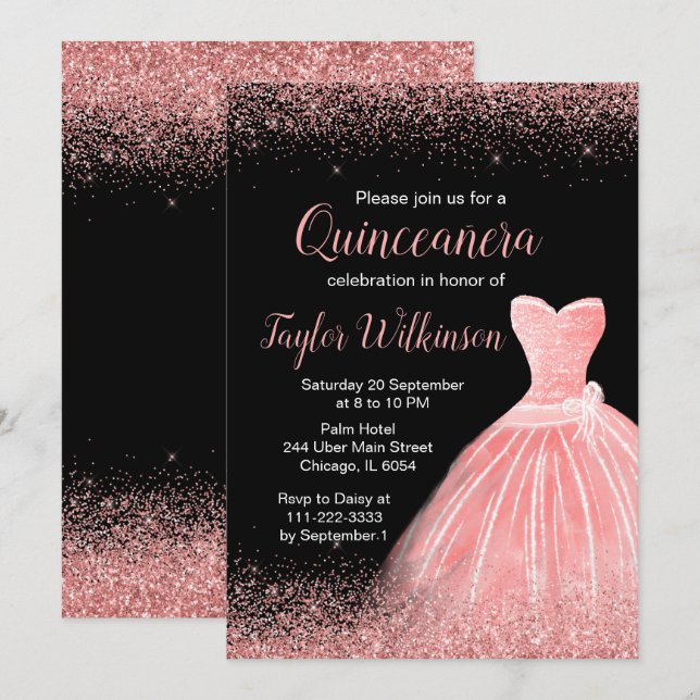 Convites Rosa cor-de-rosa Faux Glitter Quinceanera (Frente/Verso)