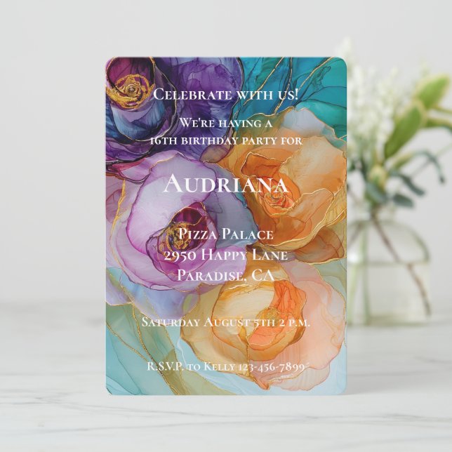 Convites Rosa Cor-de-rosa púrpura Amarelo Amarelo Aniversár (Em pé/Frente)