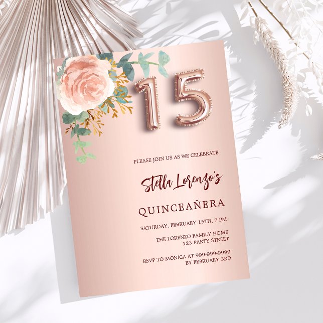 Convites Rosa cor-de-rosa verde floral Quinceanera (Criador carregado)