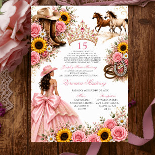 Convites Rosa Corada Girassol Rosa Vaquera Quinceañera