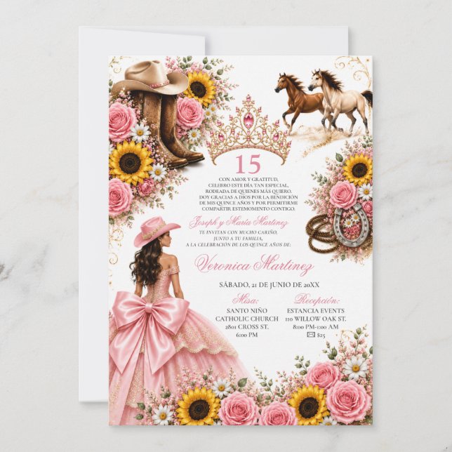 Convites Rosa Corada Girassol Rosa Vaquera Quinceañera  (Frente)