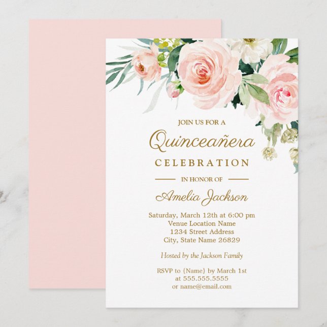 Convites Rosa Corado Aquarela Floral Quinceanera (Frente/Verso)