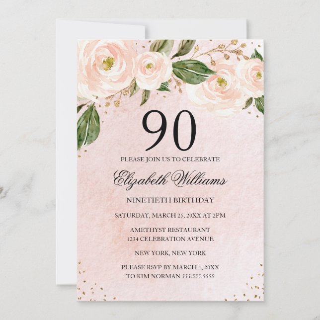 Convites Rosa Corado Dourado Floral 90º Aniversário (Frente)
