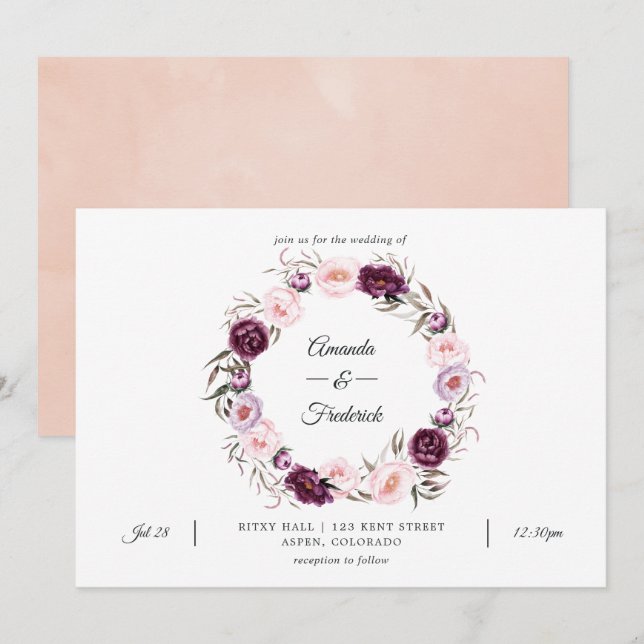 Convites Rosa Corado e Casamento de Veludo Profundo (Frente/Verso)