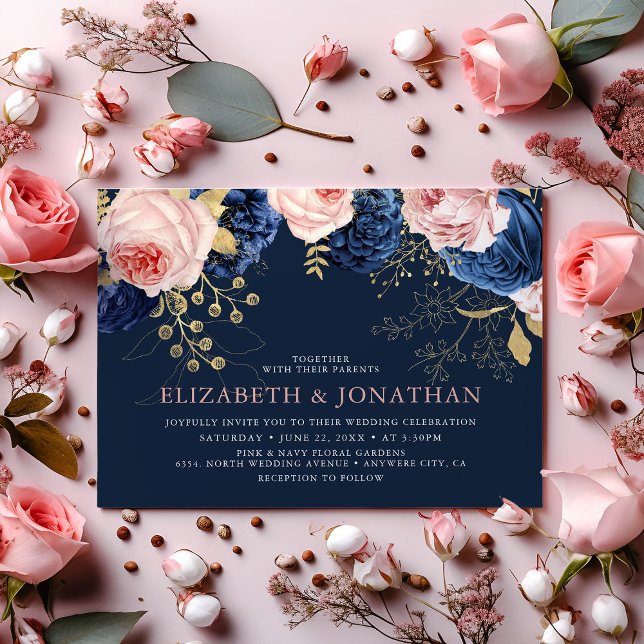 Convites Rosa Corado & Florais Navy da Meia-Noite Casamento (Criador carregado)