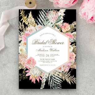 Convites Rosa Corado Floral Boho Pampas Preto Chá de Bebê d