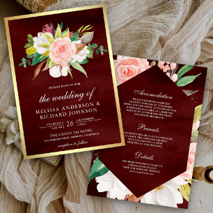 Convites Rosa Corado Floral Borgonha Tudo em Um Casamento