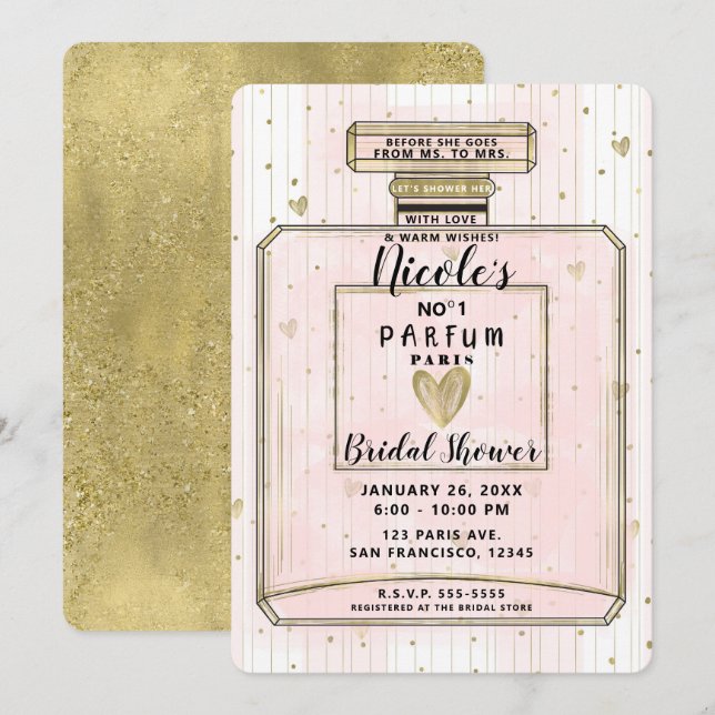 Convites Rosa Corado & Perfume Paris Dourado Chá de Noiva (Frente/Verso)