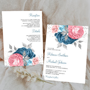 Convites Rosa Corado Poeira Azul Floral Tudo em Um Casament