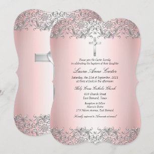 Convites Rosa Corado Prata Damask Cruz Batismo Batizado
