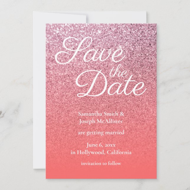 Convites Rosa Coral Glitter Ombre Salve a Data (Frente)