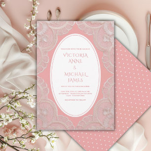 Convites Rosa Coral Renda Casamento Vintage Caprichoso