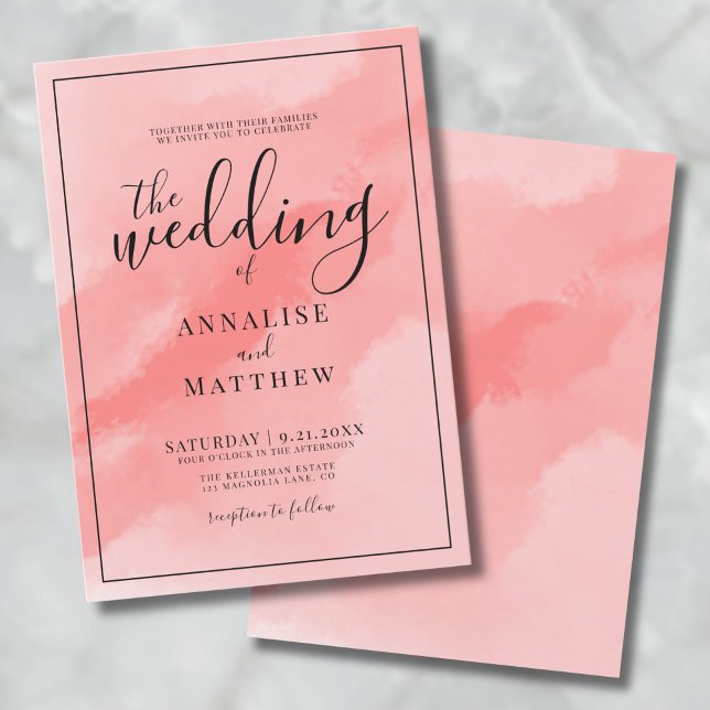 Convites Rosa Coral Simples Elegante Aquarela Casamento (Coral Pink Simple Elegant Watercolor Wedding Invitation)