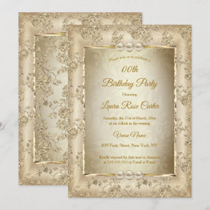 Convites Rosa Damasko Bege Vintage dourado antigo Festa de 