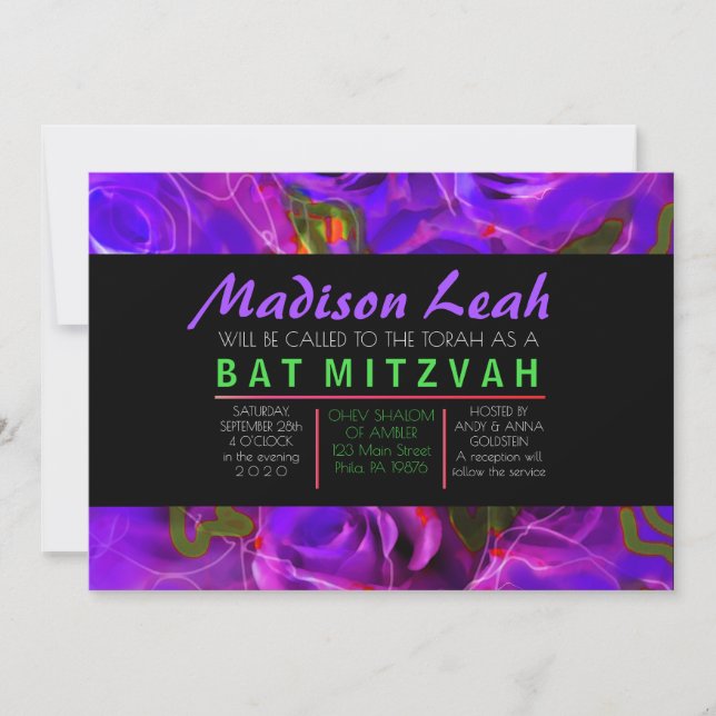 Convites Rosa DE ÁGUA NEON Bat Mitzvah (Frente)