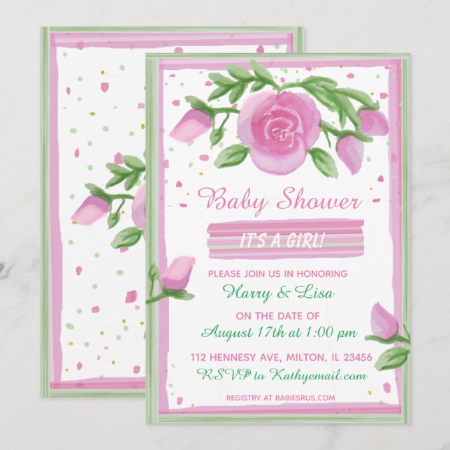 Convites Rosa de água rosa e salgada Chá de fraldas de moça (Frente/Verso)