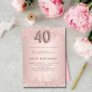 Convites rosa de aniversário de 40 anos dourado gotejamento