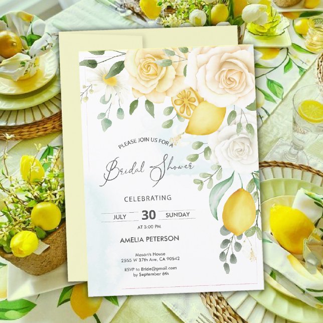 Convites Rosa de Aquarela Amarela e chá de panela de limão (lemon bridal shower Invitation)