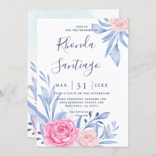 Convites Rosa De Aquarela Azul Nublado Cor-De-Vidro Sobra-S