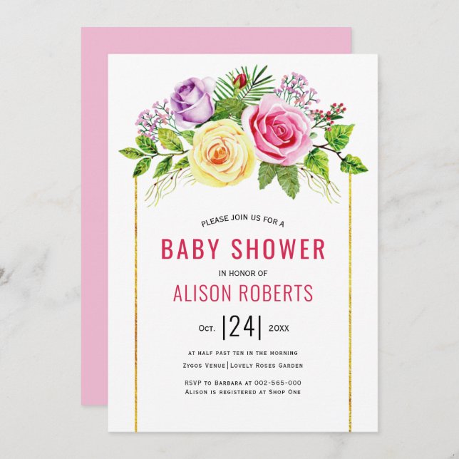 Convites Rosa de aquarela chá de fraldas floral rosa (Frente/Verso)