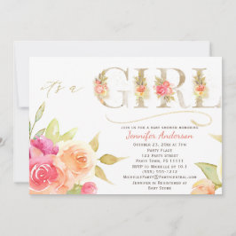 Convites Rosa de Aquarela e Chá de Bebê Dourado