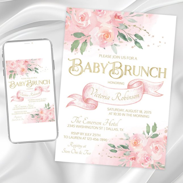 Convites Rosa de aquarela rosa Brunch Chá de fraldas (Pretty blush pink baby brunch invitation. Instant download and printed invitations available.)