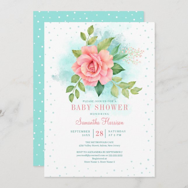 Convites Rosa de Aquarelas Florais de Ombre Verde Rosa (Frente/Verso)