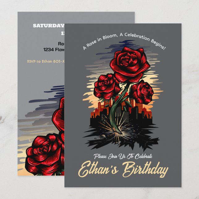 Convites Rosa de ascensão - Aniversário Floral Elegante (Frente/Verso)