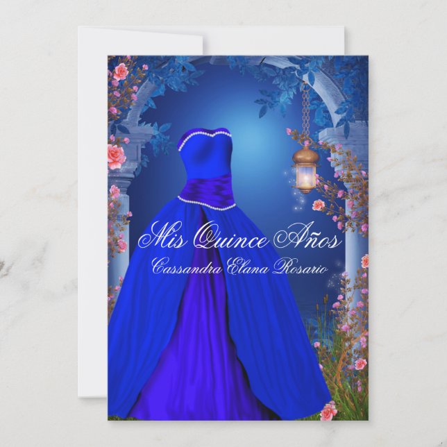 Convites Rosa de Azul Real Quinceanera (Frente)