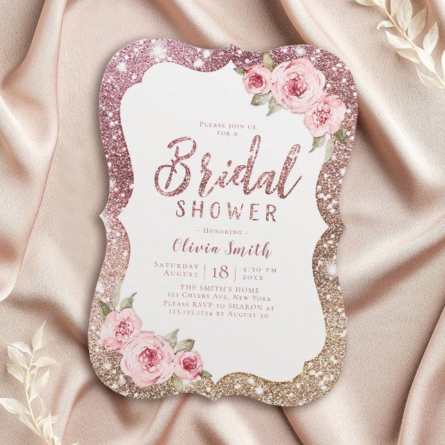 Convites Rosa de brilho dourado e chá de panela floral (Sparkle rose gold glitter and floral bridal shower invitation)