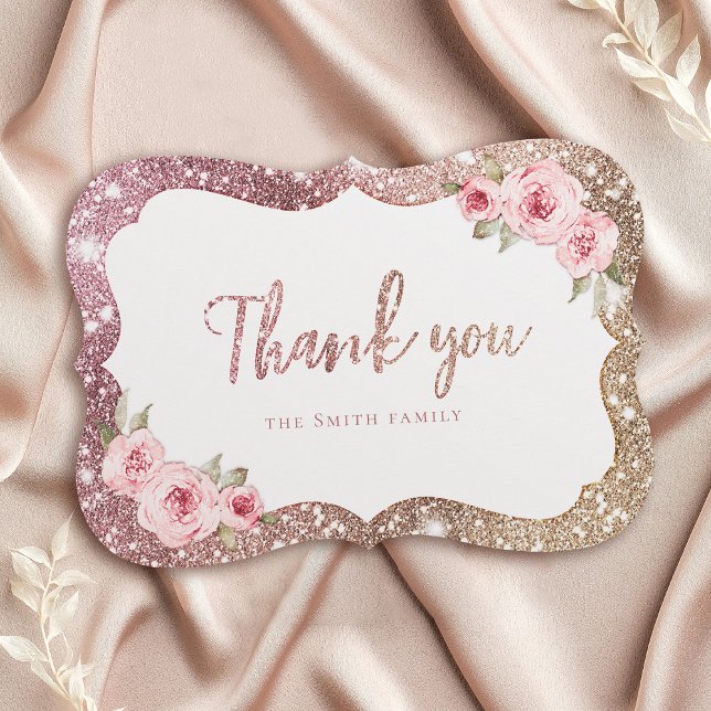 Convites Rosa de brilho dourado e obrigado floral (Sparkle rose gold glitter and floral thank you invitation)