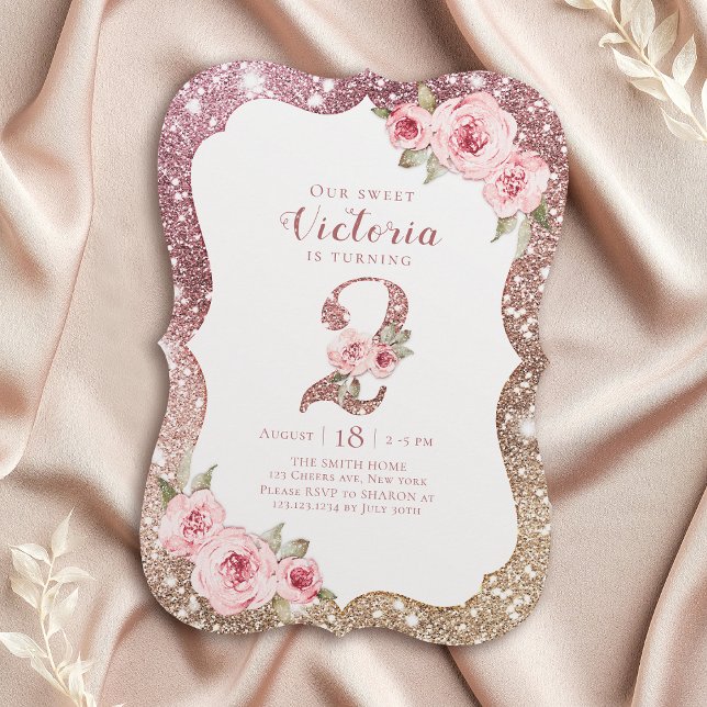 Convites Rosa de brilho dourado e segundo aniversário flora (Sparkle rose gold glitter and floral 2nd birthday invitation)