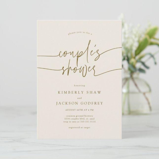 Convites Rosa de Casal Minimalista Script Creme (Em pé/Frente)
