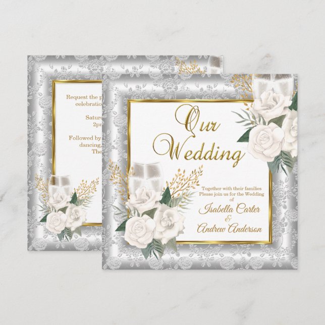 Convites Rosa de Casamento Champanhe Dourado Prata Damask (Frente/Verso)
