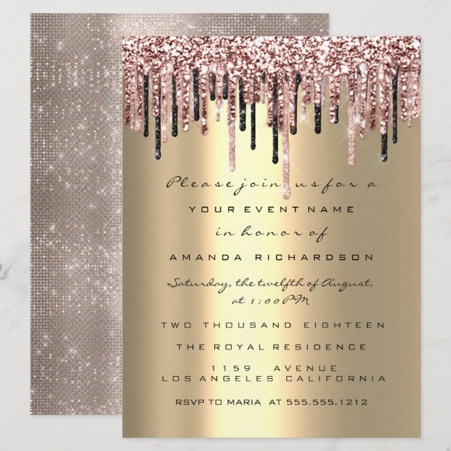 Convites Rosa de Casamento de Noivado Elegante Dourado (Frente/Verso)