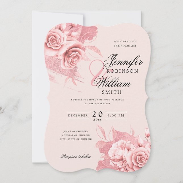 Convites Rosa de Casamento Elegante Floral & Foil Blush (Frente)
