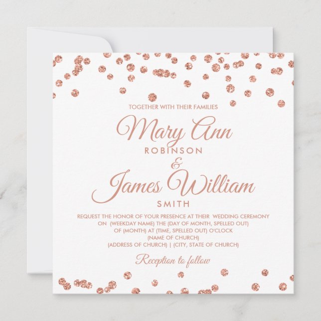 Convites Rosa de Casamento Elegante, Glitter Confetti White (Frente)