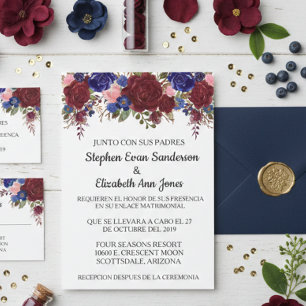 Convites Rosa de Casamento Espanhol Borgonha Marinho Aquare