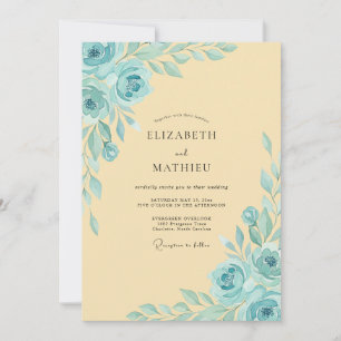Convites Rosa de Casamento Romântica em Aquarela Amarela Pá
