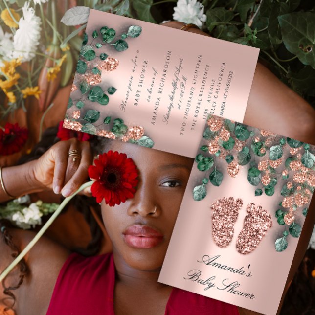 Convites Rosa de chá de fraldas Eucalyptus com  (Baby Shower Glitter Feet Rose Eucalyptus Woodland Invitation)