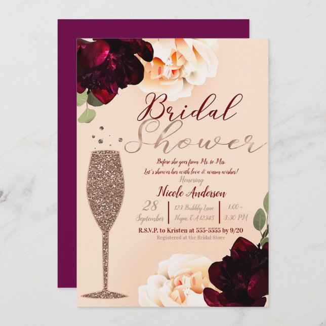 Convites Rosa de Champanhe Chá de panela Floral Dourado Pea (Frente/Verso)