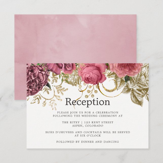 Convites Rosa de chip de imagem Dourada e Recepção de casam (Frente/Verso)