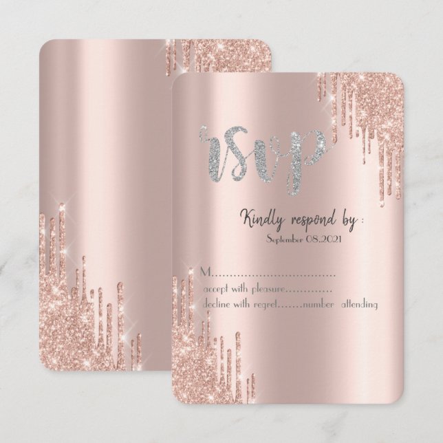 Convites Rosa de chip Glitter Dourado Drives Silver RSVP (Frente/Verso)