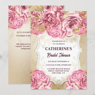 Convites rosa de cor d'água floral cor rosa Dourada pincel