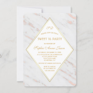 Convites Rosa de Diamante Elegante Dourado Marble SWEET 16