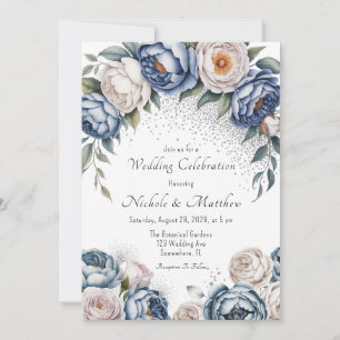 Convites Rosa de Dusty Blue Peony e Casamento com Glitter