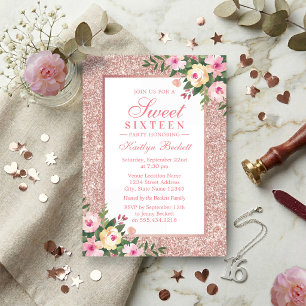 Convites Rosa de Elegante Doce Floral Dourado 16 Aniversári