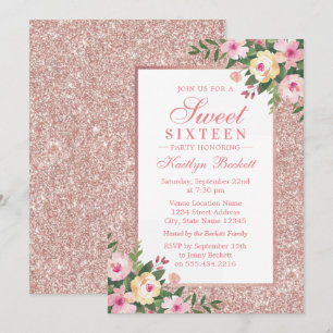 Convites Rosa de Elegante Doce Floral Dourado 16 Aniversári