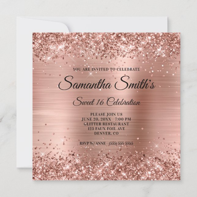 Convites Rosa de Faux Glitter Dourado e Foil Sweet 16 (Frente)